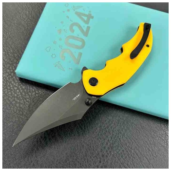 Couteau Kubey Ceto Camping Yellow Manche G-10 Lame Acier 14C28N Blackwash IKBS Linerlock Clip KUB181G - Livraison Gratuite