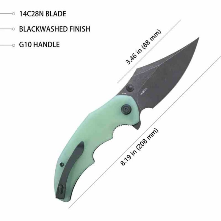 Couteau Kubey Ceto Camping Jade Manche G-10 Lame Acier 14C28N BLK IKBS Linerlock Clip KUB181F - Livraison Gratuite