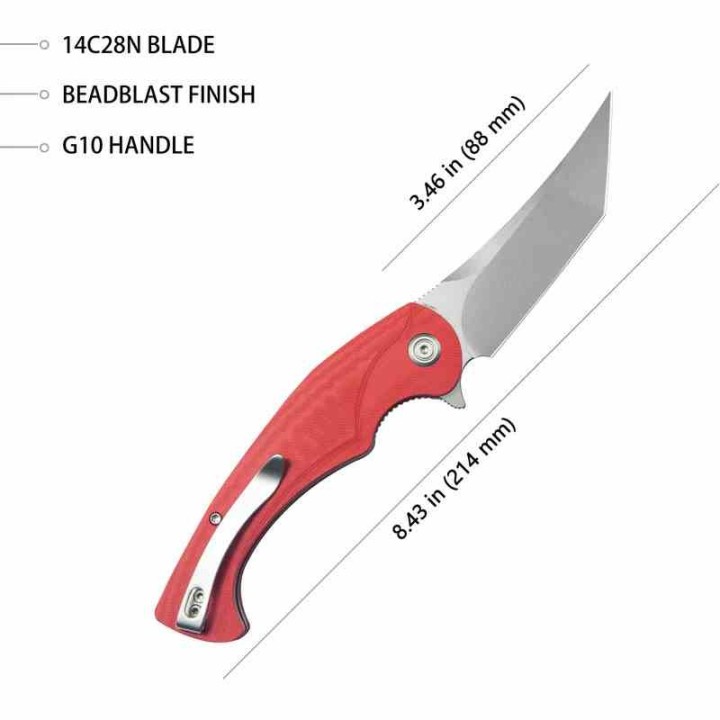 Couteau Kubey Scimitar Red Manche G10 Lame Tanto Acier 14C28N BLK IKBS Linerlock Clip KUB175E - Livraison Gratuite