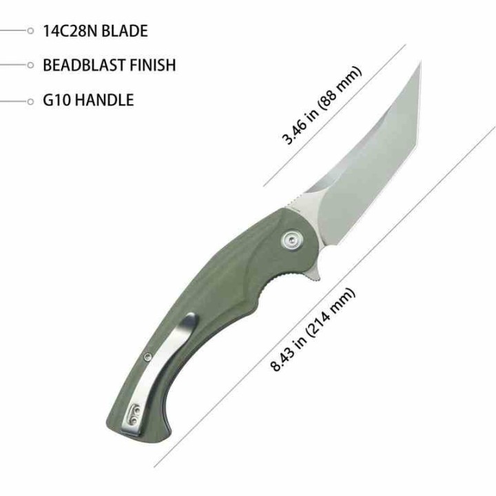 Couteau Kubey Scimitar Green Manche G10 Lame Tanto Acier 14C28N IKBS Linerlock Clip KUB175A - Livraison Gratuite