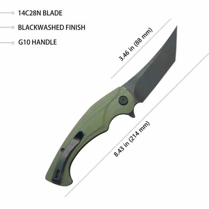 Couteau Kubey Scimitar Green Manche G10 Lame Tanto Acier 14C28N BLK IKBS Linerlock Clip KUB175B - Livraison Gratuite