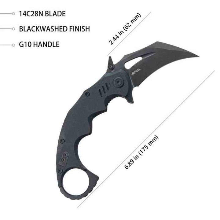 Couteau Kubey Mini Wrath Karambit Black Manche G10 Lame Acier 14C28N BLK IKBS Linerlock Clip KUB262E - Livraison Gratuite