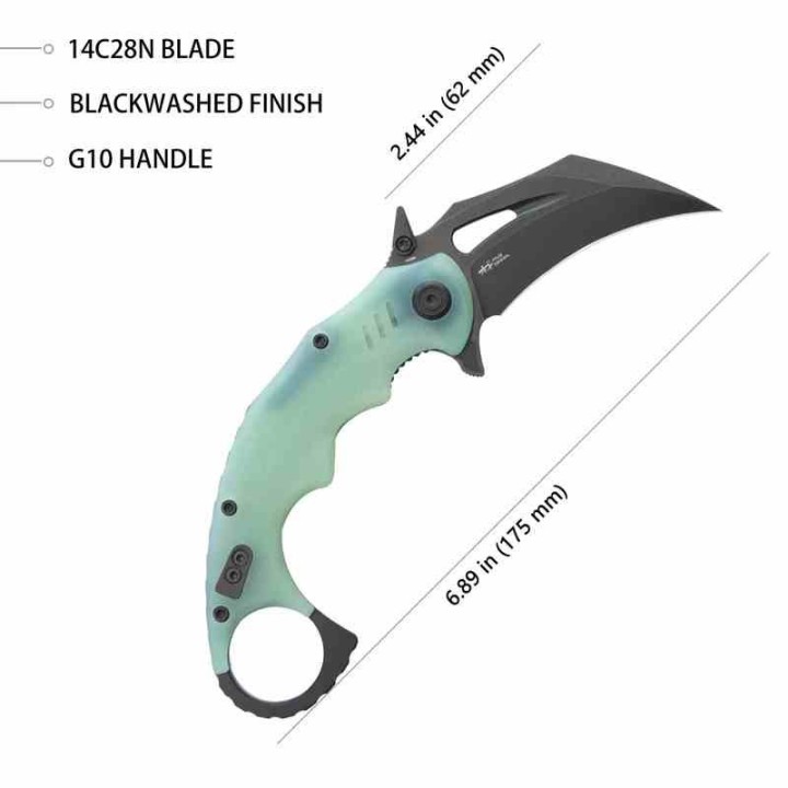 Couteau Kubey Mini Wrath Karambit Jade Manche G10 Lame Acier 14C28N BLK IKBS Linerlock Clip KUB262L - Livraison Gratuite