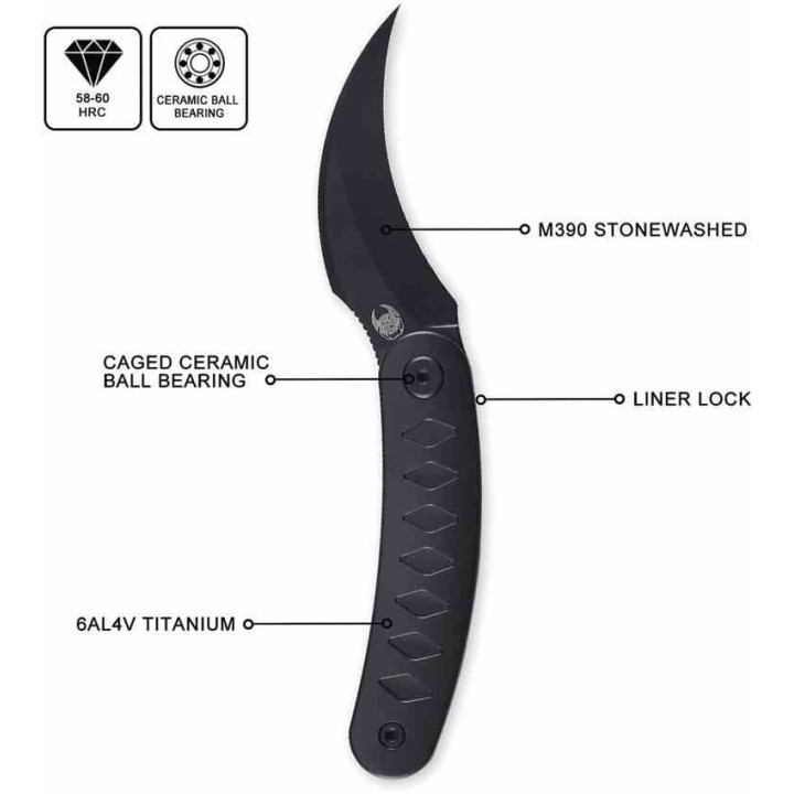 Couteau Cavol Kage Black Titane Handle Lame Acier M390 IKBS Linerlock Etui Cuir CVLC03DW - Livraison Gratuite