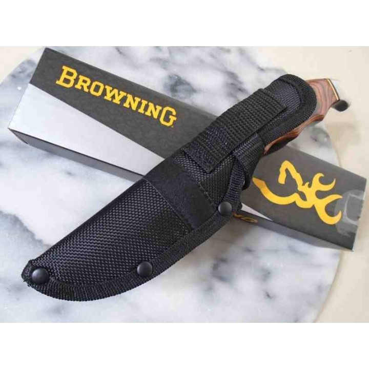Couteau de Chasse Browning Skinner Manche Bois Lame Acier Inox Etui Nylon BR0487 - Livraison Gratuite