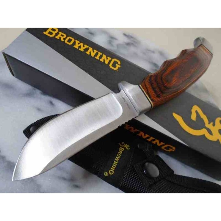 Couteau de Chasse Browning Skinner Manche Bois Lame Acier Inox Etui Nylon BR0487 - Livraison Gratuite