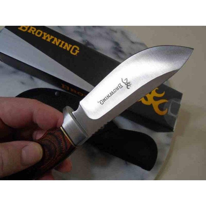 Couteau de Chasse Browning Skinner Manche Bois Lame Acier Inox Etui Nylon BR0487 - Livraison Gratuite