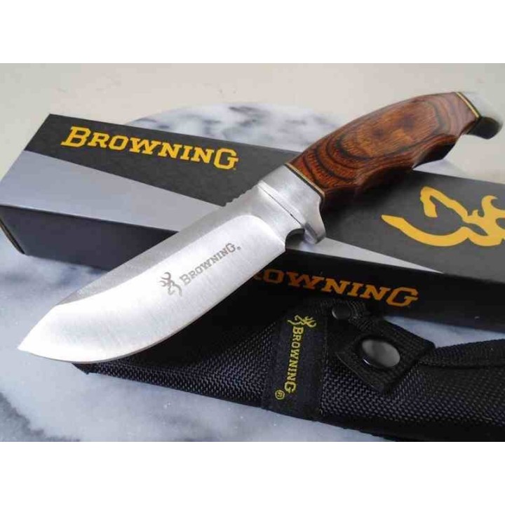 Couteau de Chasse Browning Skinner Manche Bois Lame Acier Inox Etui Nylon BR0487 - Livraison Gratuite