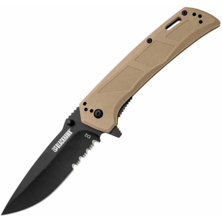 Couteau BLACKHAWK! Bunker Buster Tan Manche GFN Lame Acier D2 Black Drop Point Serr Clip BHBB411TN - Livraison Gratuite