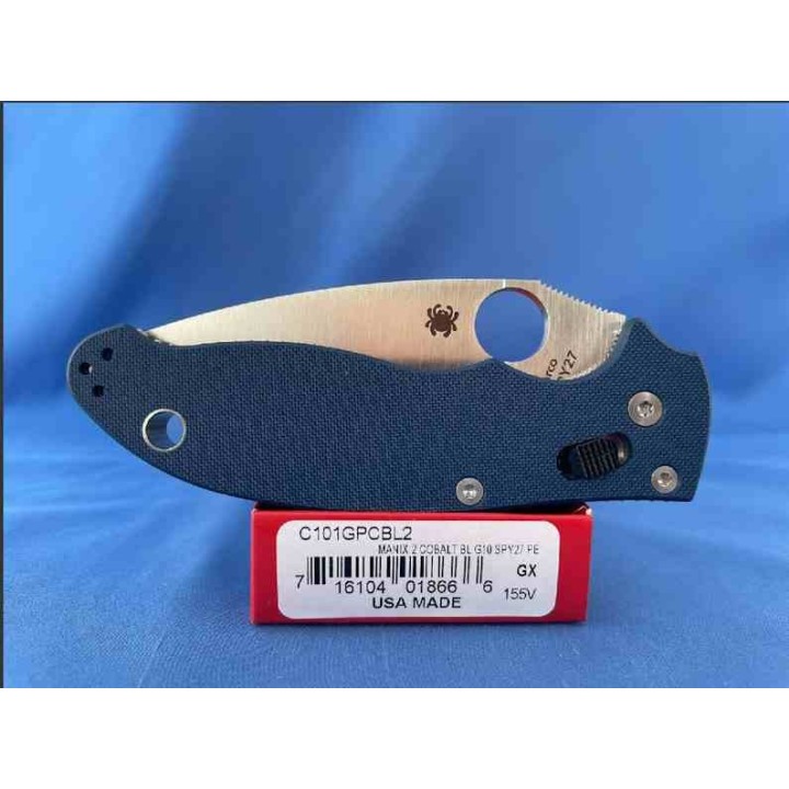 Couteau Spyderco Manix 2 Cobalt Blue G10 Lame Acier CPM-SPY27 Satin Ball Bearing Lock USA SC101GPCBL2 - Livraison Gratuite