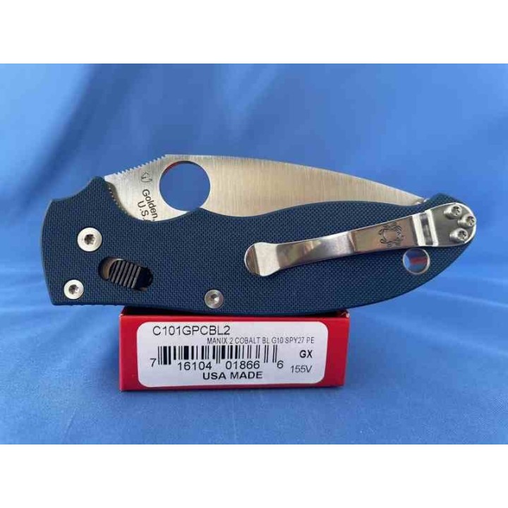 Couteau Spyderco Manix 2 Cobalt Blue G10 Lame Acier CPM-SPY27 Satin Ball Bearing Lock USA SC101GPCBL2 - Livraison Gratuite