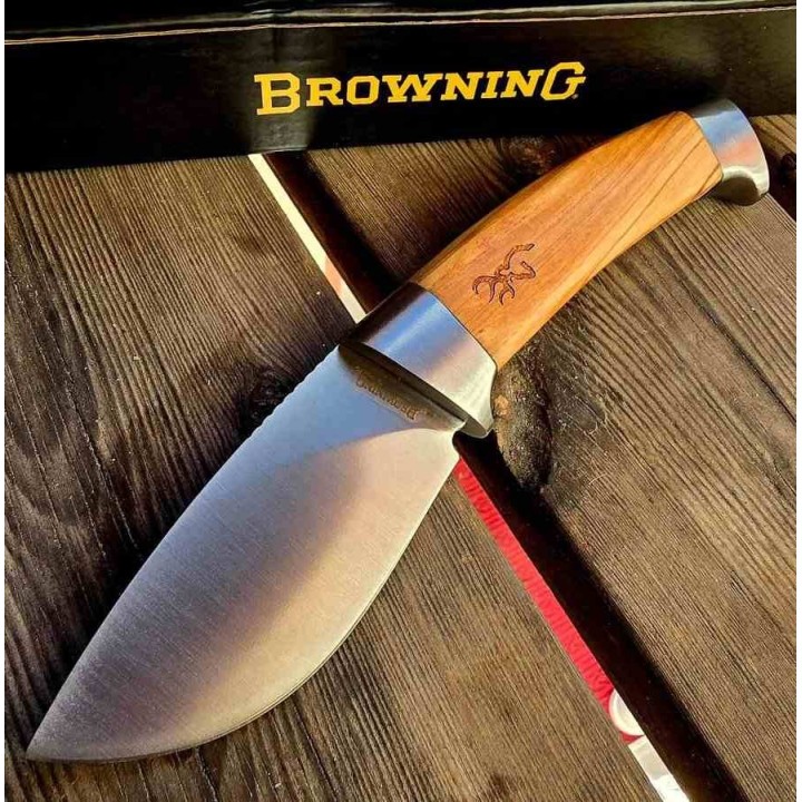 Couteau de Chasse Browning Skinner Manche Bois Lame Acier Inox Etui Nylon BR0497 - Livraison Gratuite