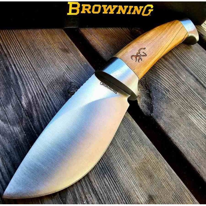 Couteau de Chasse Browning Skinner Manche Bois Lame Acier Inox Etui Nylon BR0497 - Livraison Gratuite