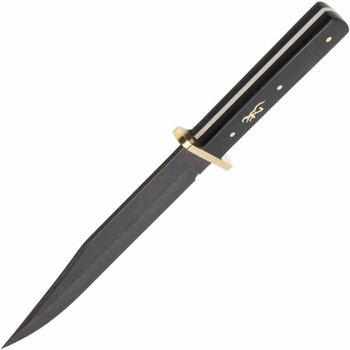 Couteau Browning Bowie Ebony Wood Lame Black Acier Inox Manche Bois Etui Cuir BR0496 - Livraison Gratuite