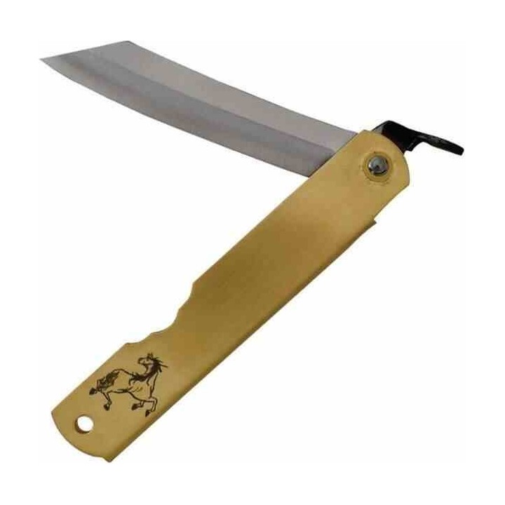 Couteau Higonokami Warikomi Horse Lame Acier Blue Paper Manche Laiton Made Japan HIGOZOD03 - Livraison Gratuite