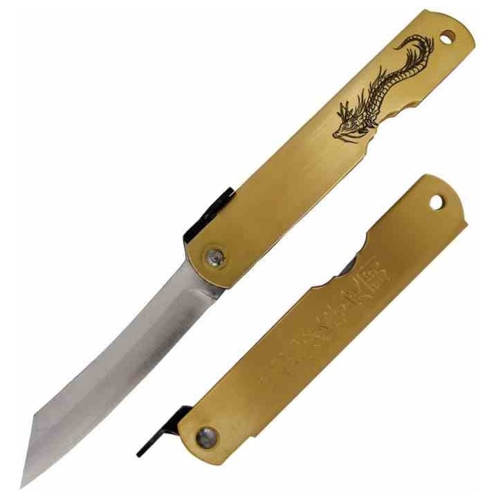 Couteau Higonokami Warikomi Dragon Lame Acier Blue Paper Manche Laiton Made Japan HIGOZOD11 - Livraison Gratuite