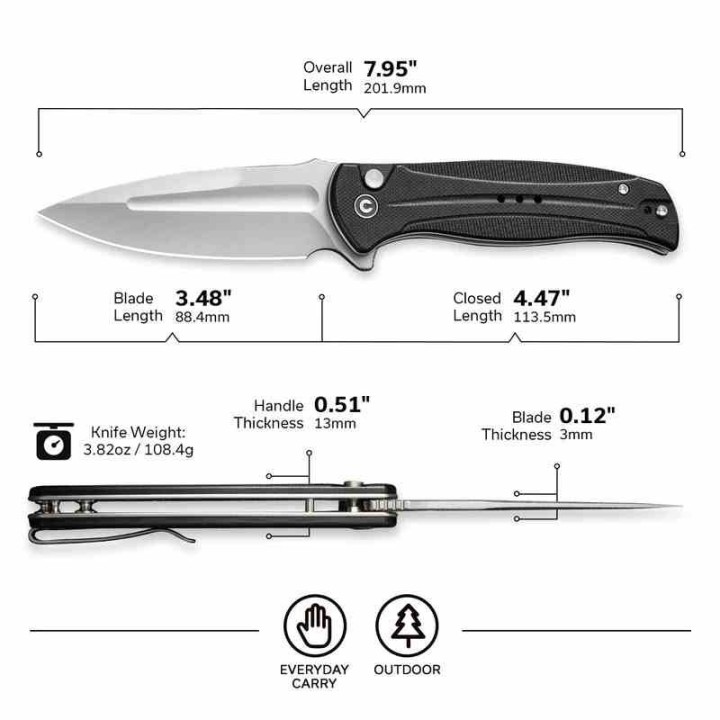 Couteau CIVIVI Incindie Black Manche G10 Lame Acier 14C28N SW IKBS Button Lock Clip CIVC230533 - Livraison Gratuite