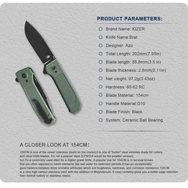 Couteau Kizer Brat Green Integral G10 Lame Acier 154CM Black IKBS Button Lock Clip KIV3630C2 - Livraison Gratuite