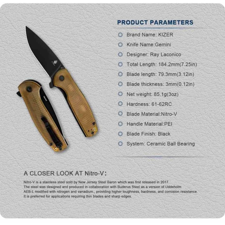 Couteau Kizer Gemini Ultem Lame Acier Nitro-V Black IKBS Liner Lock Clip KIV3471A3 - Livraison Gratuite
