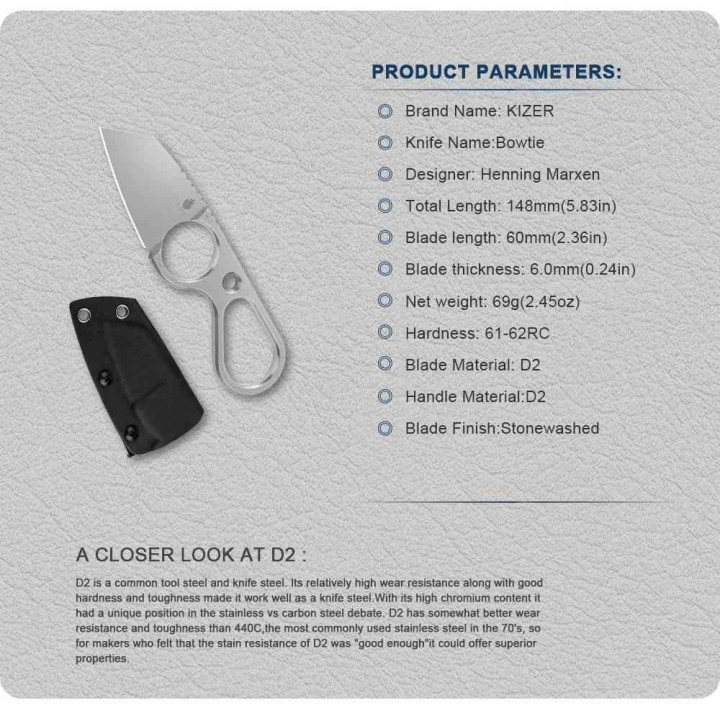 Couteau Kizer Bowtie Lame Acier D2 SW Reverse Tanto Manche Acier Etui Kydex Clip KI1061A1 - Livraison Gratuite