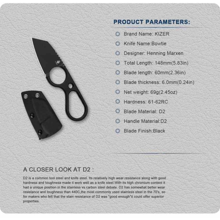 Couteau Kizer Bowtie Lame Acier D2 BLK Reverse Tanto Manche Acier Etui Kydex Clip KI1061A2 - Livraison Gratuite