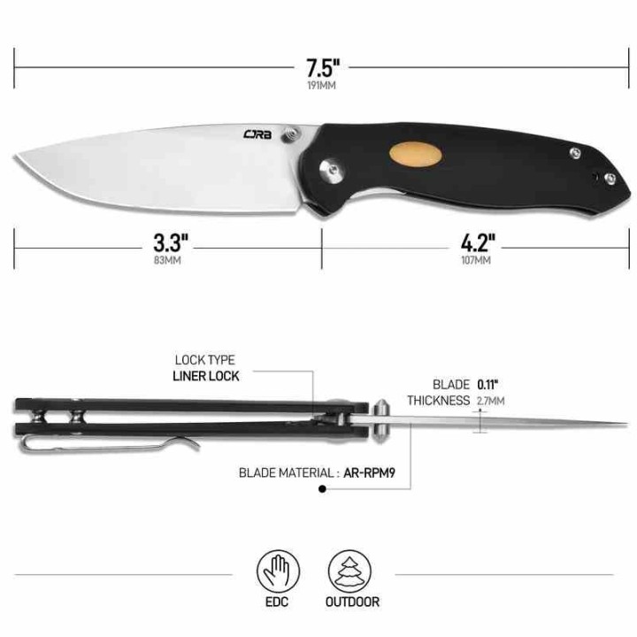 Couteau CJRB Aes Black Manche G10 Lame Acier AR-RPM9 Satin IKBS Linerlock Clip J1938BK - Livraison Gratuite