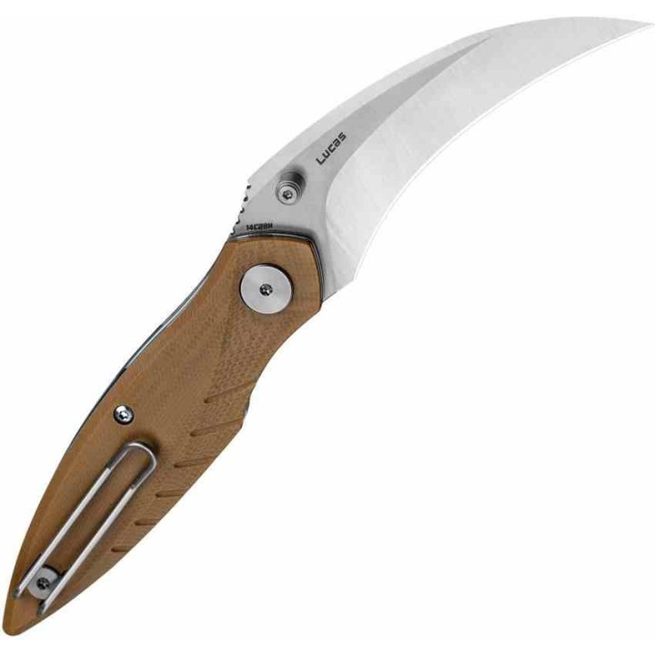 Couteau BESTECH MANTIDAE Brown Manche G10 Lame Acier 14C28N Hawkbill IKBS Linerlock Clip BTKG60B - Livraison Gratuite