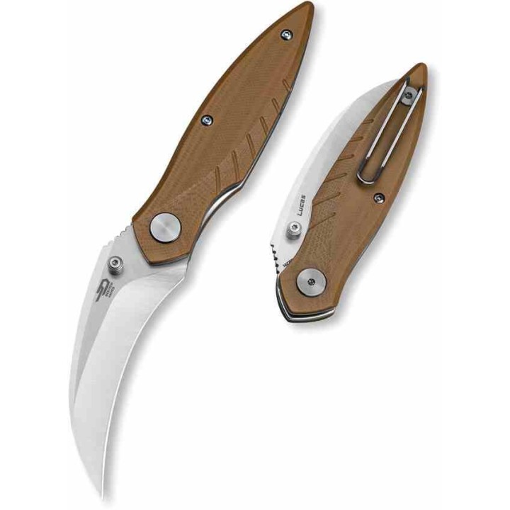 Couteau BESTECH MANTIDAE Brown Manche G10 Lame Acier 14C28N Hawkbill IKBS Linerlock Clip BTKG60B - Livraison Gratuite