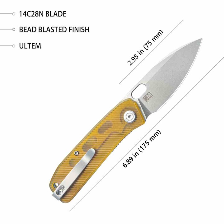 Couteau Kubey Hyde Yellow Manche Ultem Lame Acier Sandvik 14C28N IKBS Linelock Clip KUB2104I - Livraison Gratuite