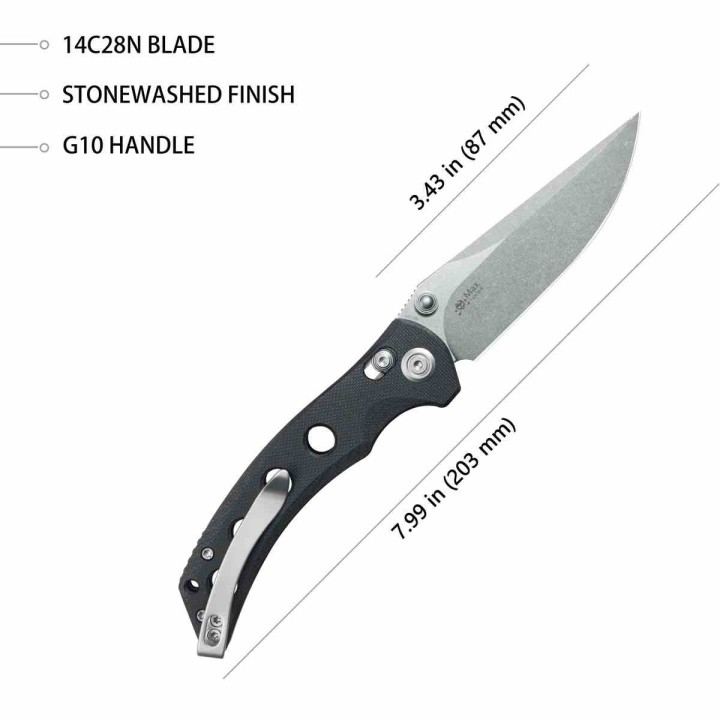 Couteau Kubey Hound Black Manche G-10 Lame Acier 14C28N Crossbar Lock Clip KUB172A - Livraison Gratuite