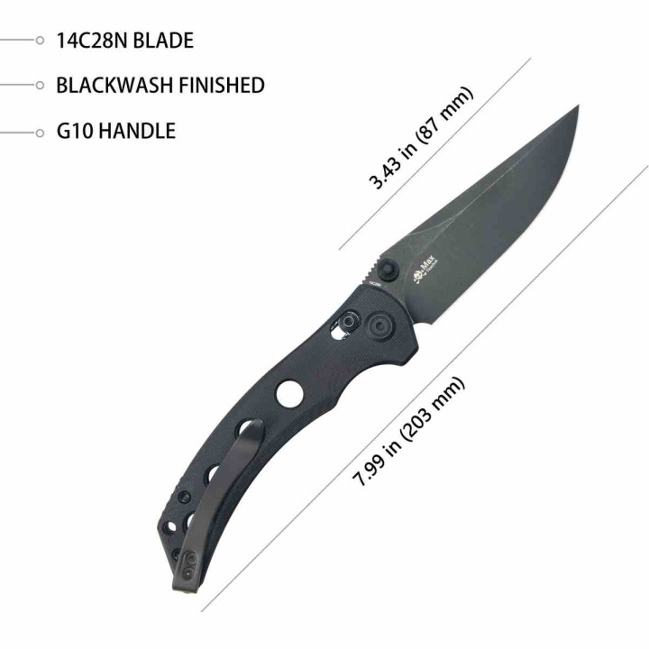 Couteau Kubey Hound Black Manche G-10 Lame Acier 14C28N Crossbar Lock Clip KUB172B - Livraison Gratuite