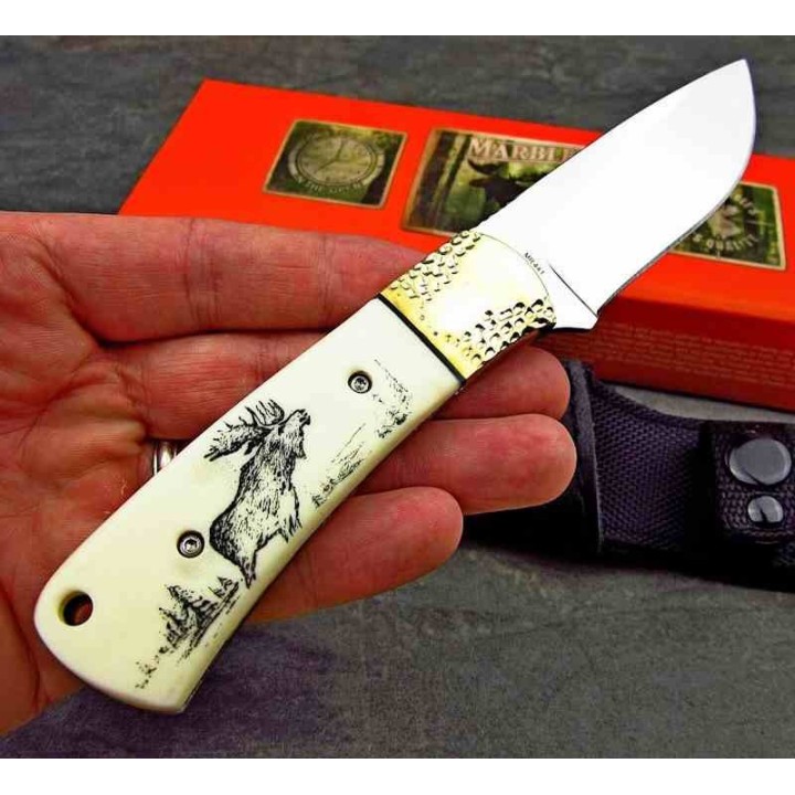 Couteau Marbles Manche Os Scrimshaw Elan Lame Acier Inox Etui Nylon MR441 - Livraison Gratuite