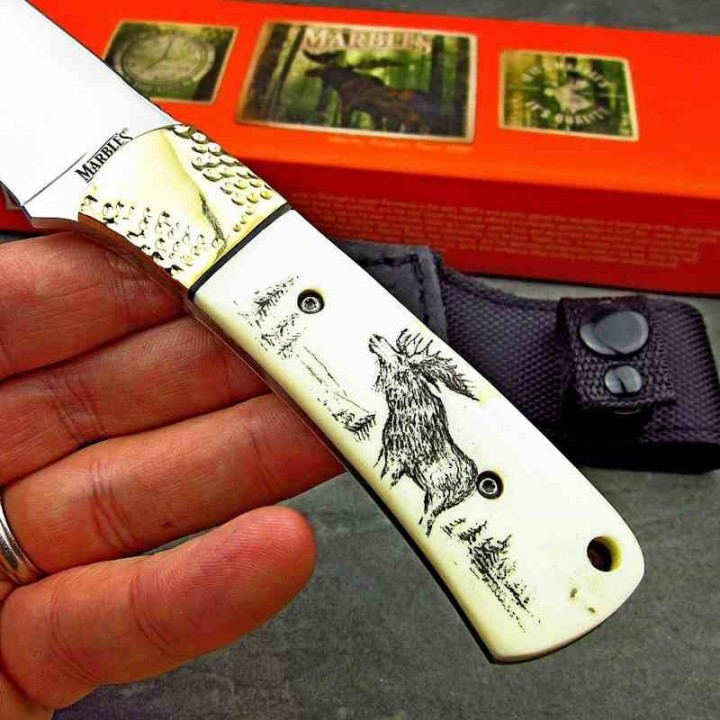 Couteau Marbles Manche Os Scrimshaw Elan Lame Acier Inox Etui Nylon MR441 - Livraison Gratuite