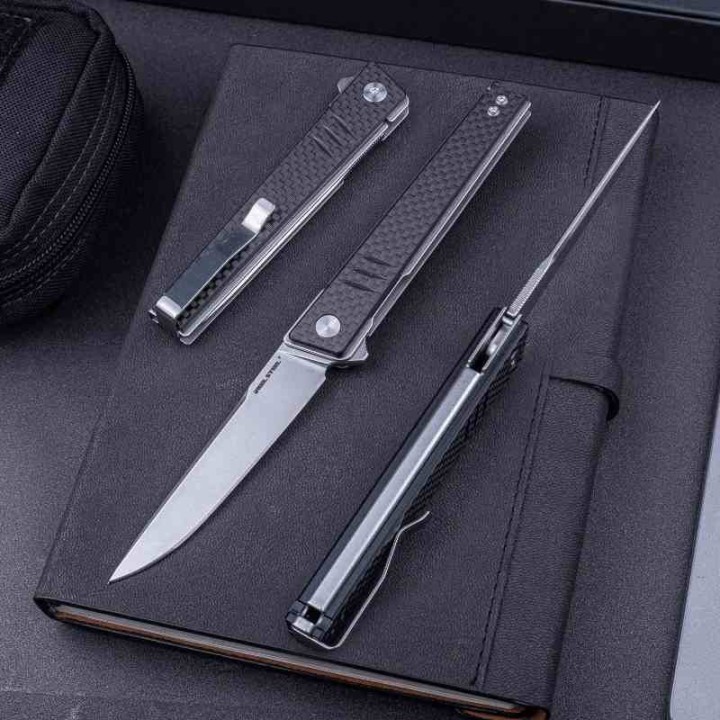 Couteau Real Steel Kikashi Black Manche G10/Carbon Fiber Lame Acier 14C28N SW IKBS Linerlock Clip RS8071CS - Livraison Gratuite