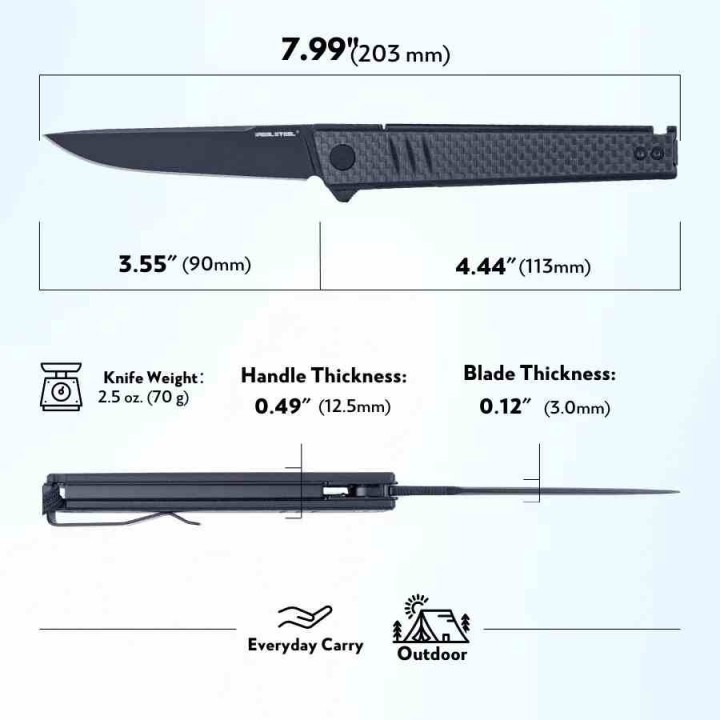 Couteau Real Steel Kikashi Black Manche G10/Carbon Fiber Lame Acier 14C28N BLK IKBS Linerlock Clip RS8071CB - Livraison Gratuite