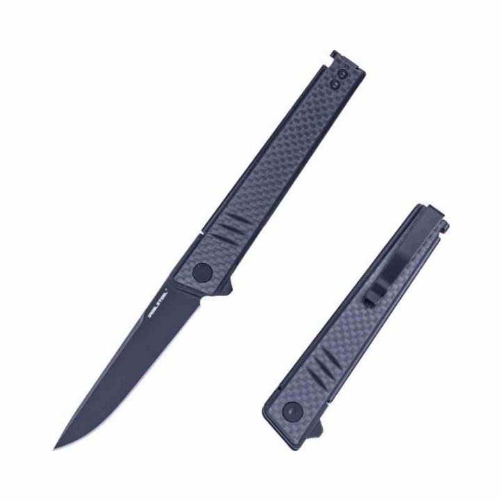 Couteau Real Steel Kikashi Black Manche G10/Carbon Fiber Lame Acier 14C28N BLK IKBS Linerlock Clip RS8071CB - Livraison Gratuite