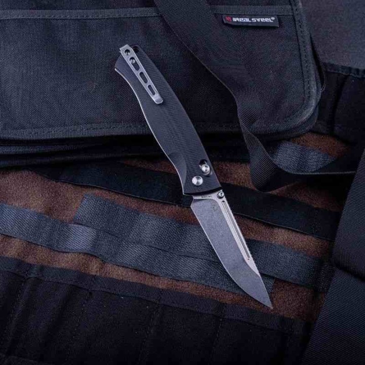 Couteau Real Steel Pathfinder Black Manche G10 Lame Drop Point Acier 14C28N Slide Lock Clip RS7851BS - Livraison Gratuite
