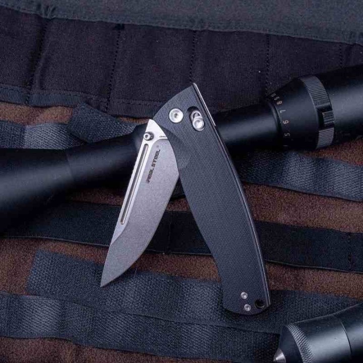 Couteau Real Steel Pathfinder Black Manche G10 Lame Drop Point Acier 14C28N Slide Lock Clip RS7851BS - Livraison Gratuite