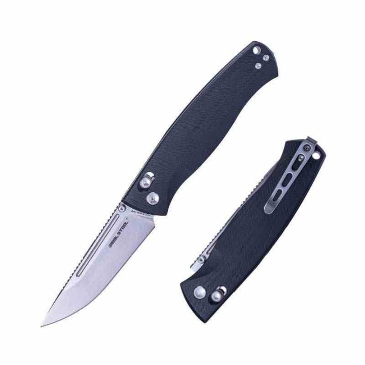 Couteau Real Steel Pathfinder Black Manche G10 Lame Drop Point Acier 14C28N Slide Lock Clip RS7851BS - Livraison Gratuite