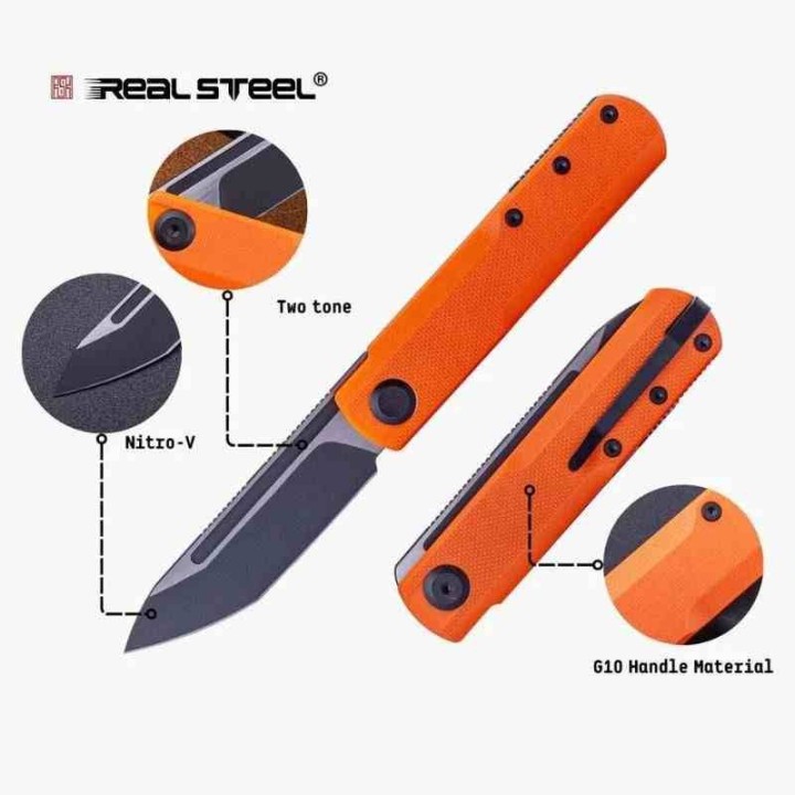 Couteau Real Steel G-Tanto Orange Manche G10 Lame Tanto Black Acier Nitro-V Slipjoint Clip RS7801OB - Livraison Gratuite
