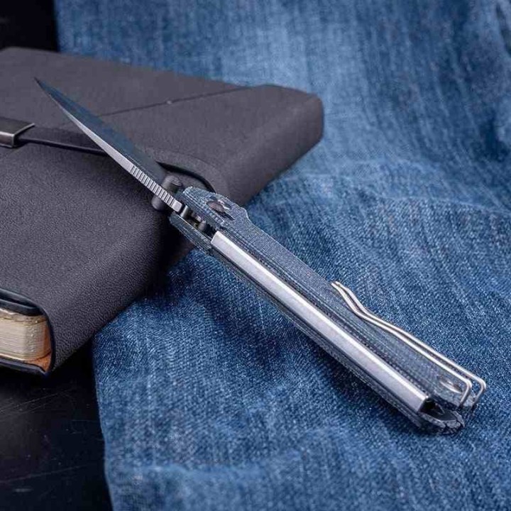 Couteau Real Steel Perix Denim Manche Micarta Lame Acier Nitro-V Crossbar Lock Clip RS7121DM - Livraison Gratuite