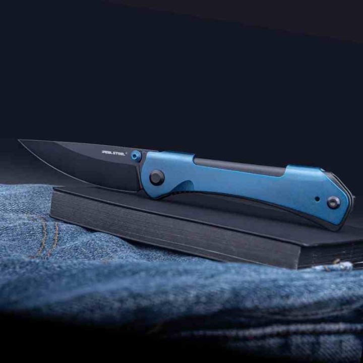 Couteau Real Steel Sylph Blue Manche Acier Lame Acier Nitro-V Black PVD Liner Lock Clip RS7141BB - Livraison Gratuite
