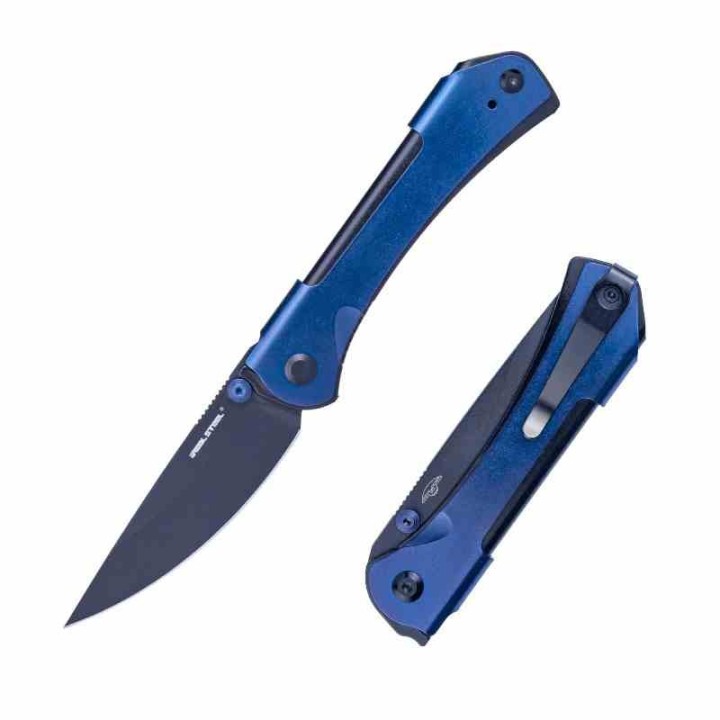 Couteau Real Steel Sylph Blue Manche Acier Lame Acier Nitro-V Black PVD Liner Lock Clip RS7141BB - Livraison Gratuite