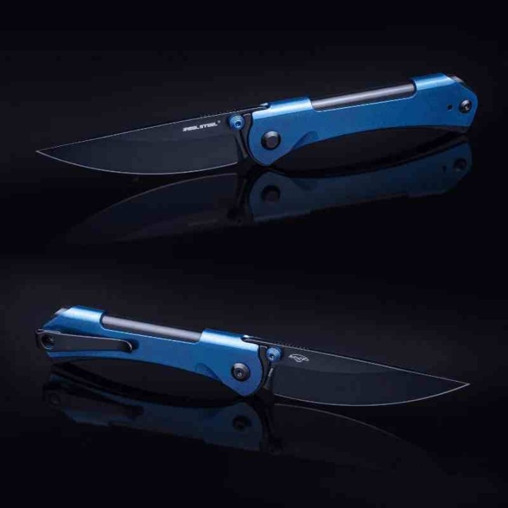 Couteau Real Steel Sylph Blue Manche Acier Lame Acier Nitro-V Black PVD Liner Lock Clip RS7141BB - Livraison Gratuite