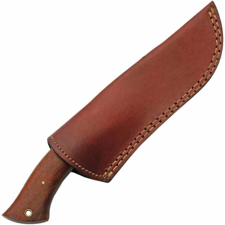 Couteau De Chasse Lame Drop Point Acier Damas 256 Couches Manche Bois Etui Cuir Etui Cuir DM1343 - Livraison Gratuite