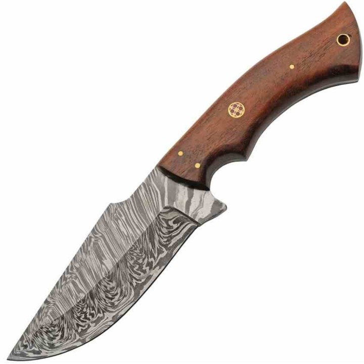 Couteau De Chasse Lame Drop Point Acier Damas 256 Couches Manche Bois Etui Cuir Etui Cuir DM1343 - Livraison Gratuite
