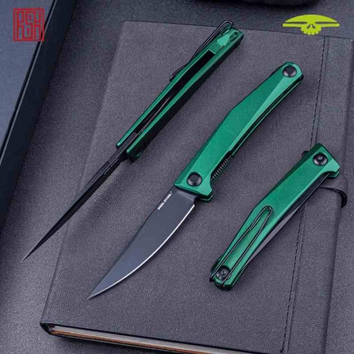 Couteau Real Steel Teres Green Manche Aluminum Lame Acier Nitro-V Black PVD IKBS Liner Lock Clip RS7111GB - Livraison Gratuite
