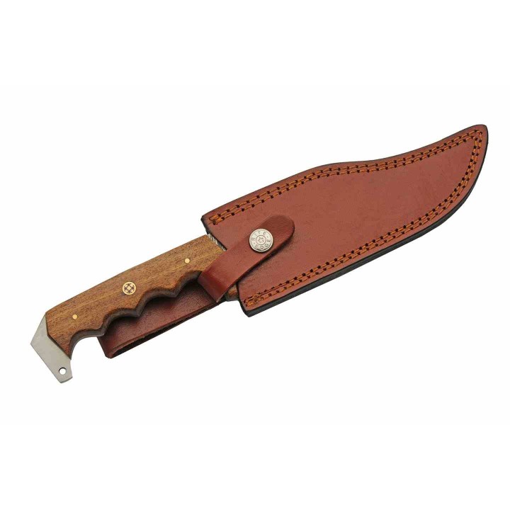 Couteau Damas Stitch Back Hunter Lame 256 Couches Manche Bois Etui CUir DM1342 - Livraison Gratuite