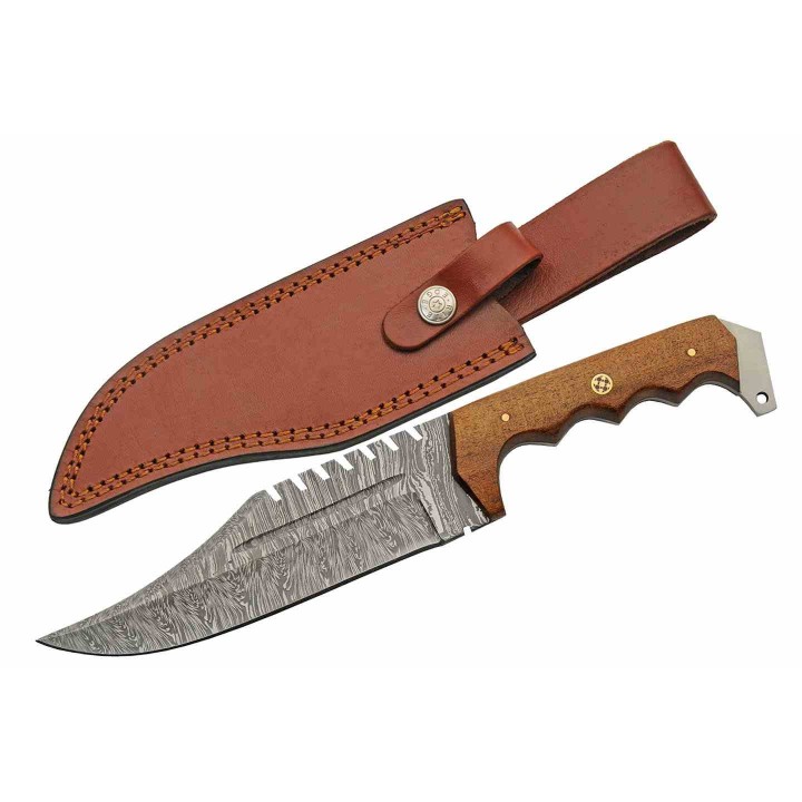Couteau Damas Stitch Back Hunter Lame 256 Couches Manche Bois Etui CUir DM1342 - Livraison Gratuite