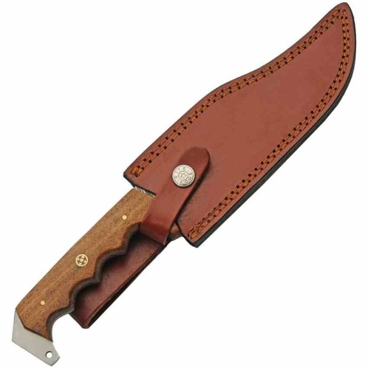 Couteau Damas Stitch Back Hunter Lame 256 Couches Manche Bois Etui CUir DM1342 - Livraison Gratuite